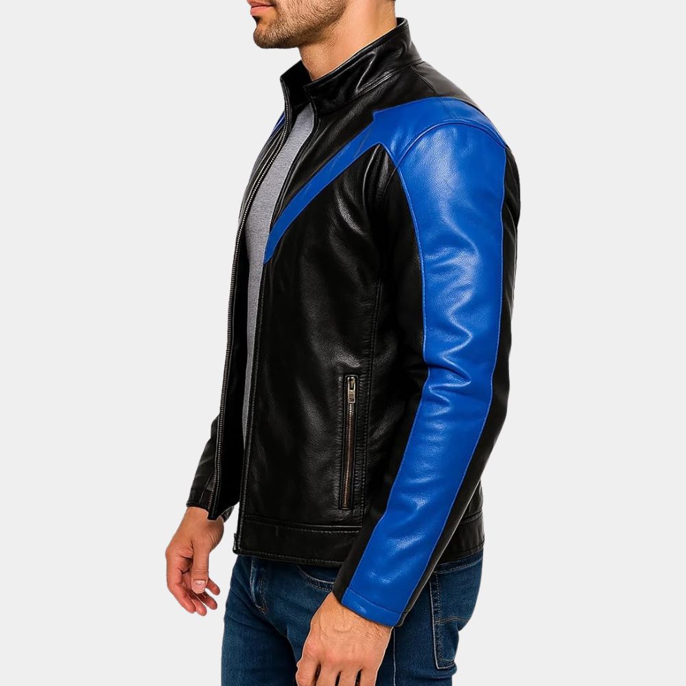 Batman  Nightwing Dick Grayson Black Leather Biker Jacket - Side View