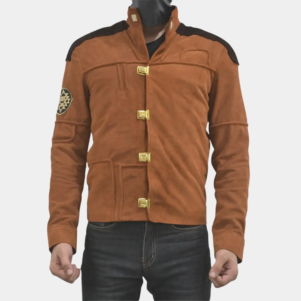 Battlestar Galactica  Warriors Viper Pilot Tan Suede Leather Flight Jacket - Front View