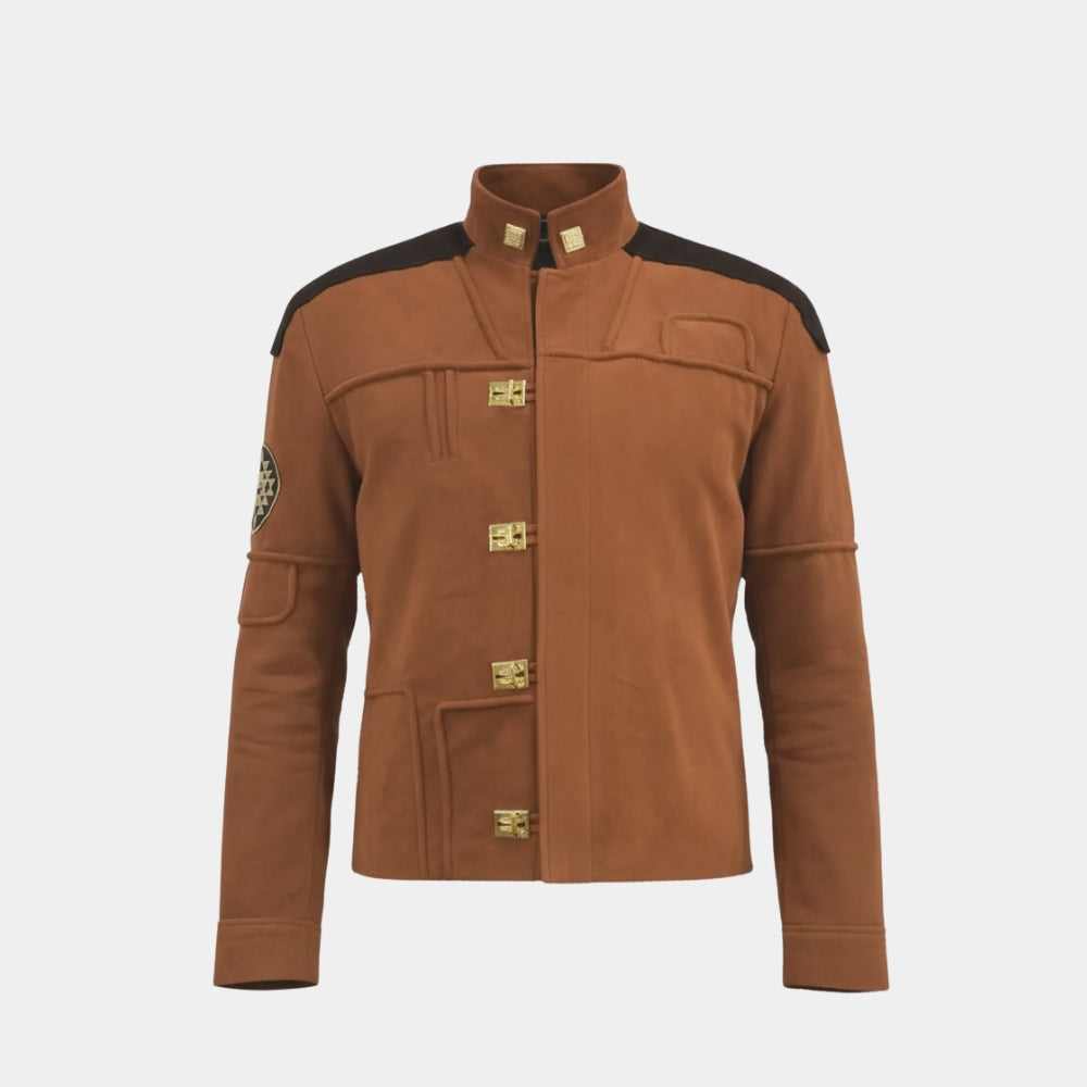 Battlestar Galactica  Warriors Viper Pilot Tan Suede Leather Flight Jacket - Mannequin Front View