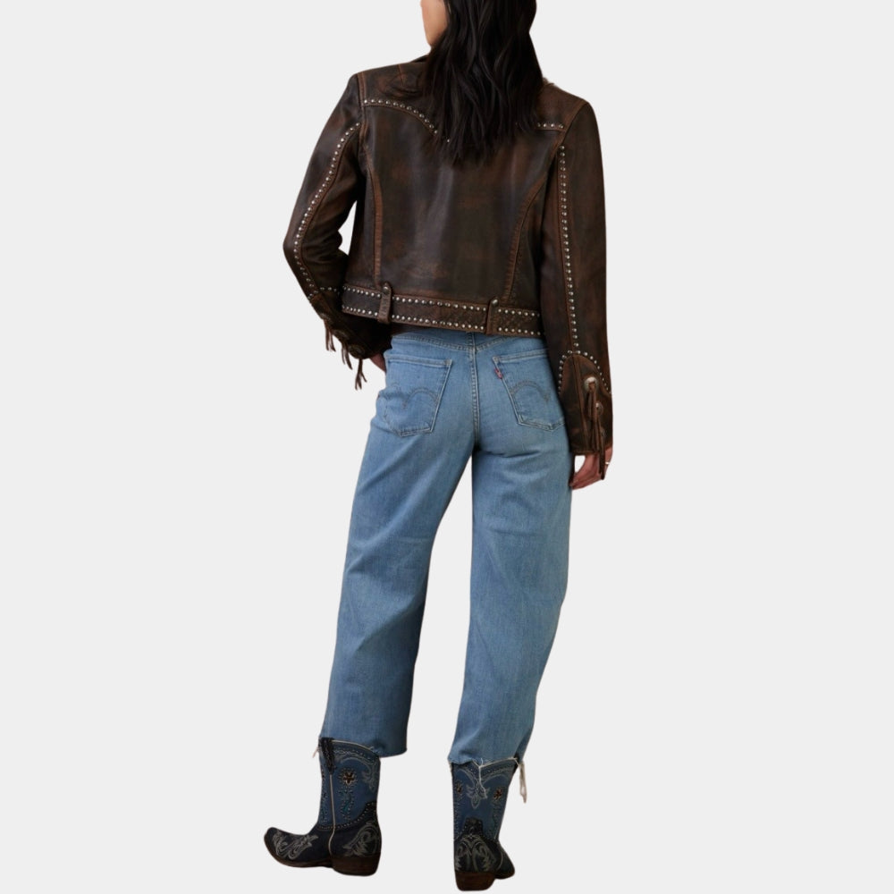 Bella Heathcote  Tulsa King S03 Brown Leather Studded Biker Jacket - Back View