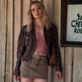 Bella Heathcote  Tulsa King S03 Brown Leather Studded Biker Jacket - Character Front View