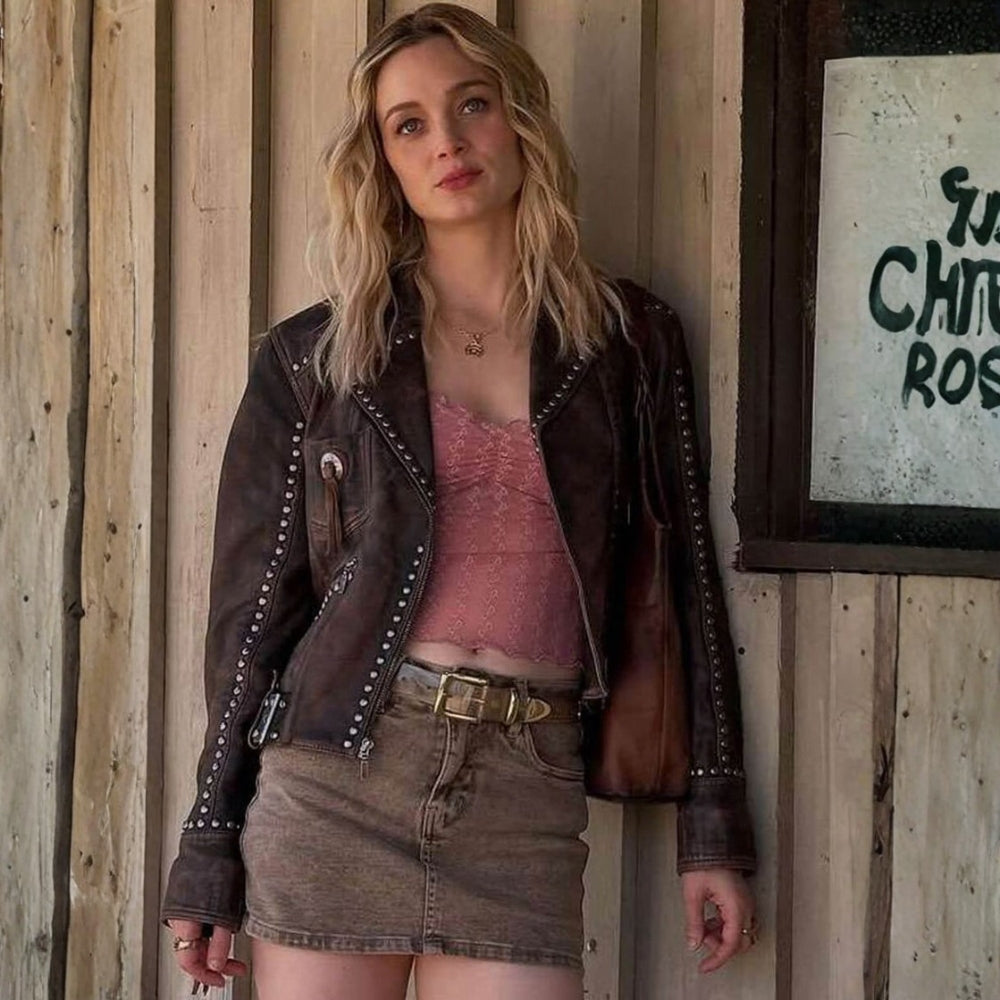 Bella Heathcote  Tulsa King S03 Brown Leather Studded Biker Jacket - Character Front View