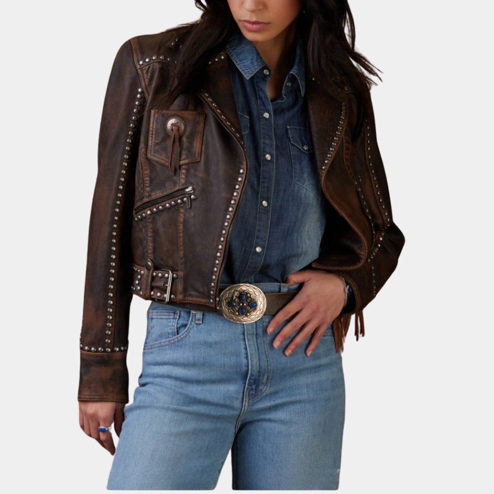 Bella Heathcote  Tulsa King S03 Brown Leather Studded Biker Jacket - Front View