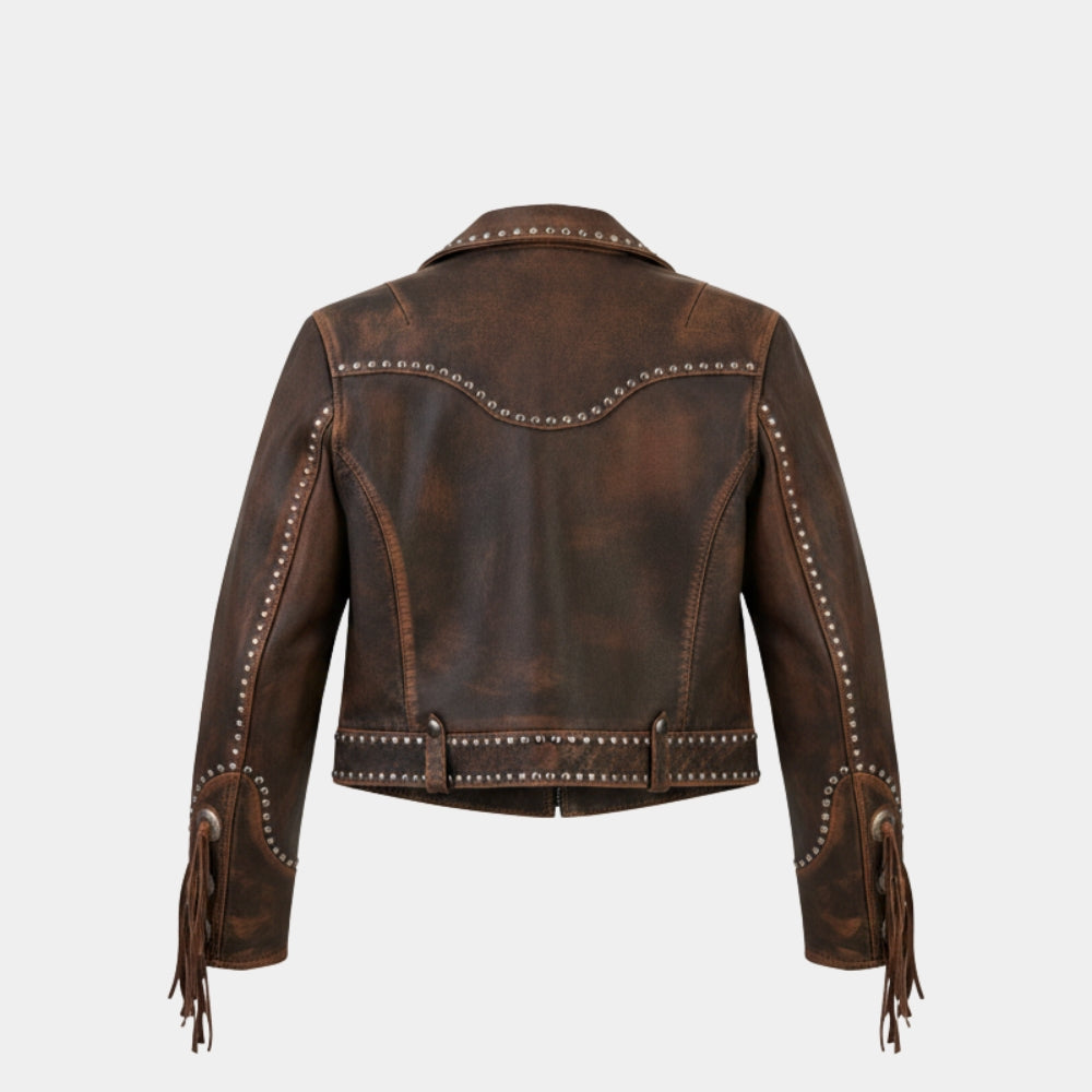 Bella Heathcote  Tulsa King S03 Brown Leather Studded Biker Jacket - Mannequin Back View