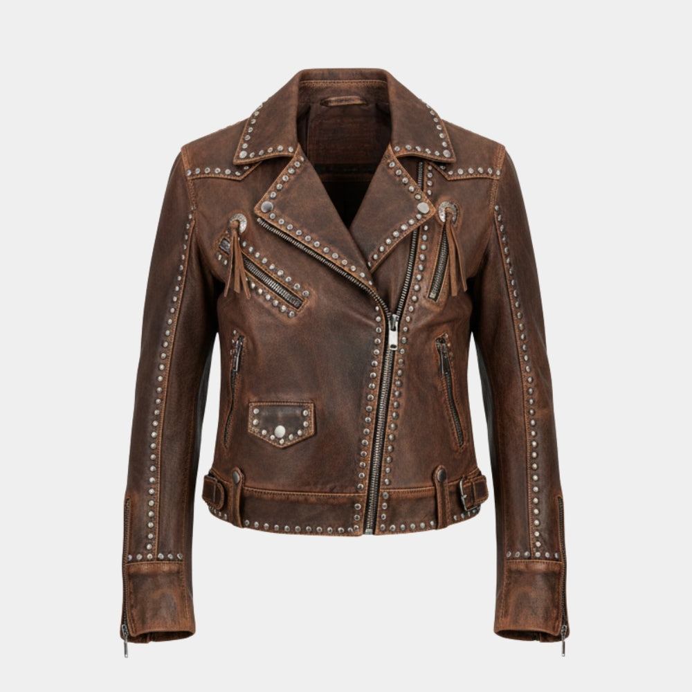 Bella Heathcote  Tulsa King S03 Brown Leather Studded Biker Jacket - Mannequin Front View