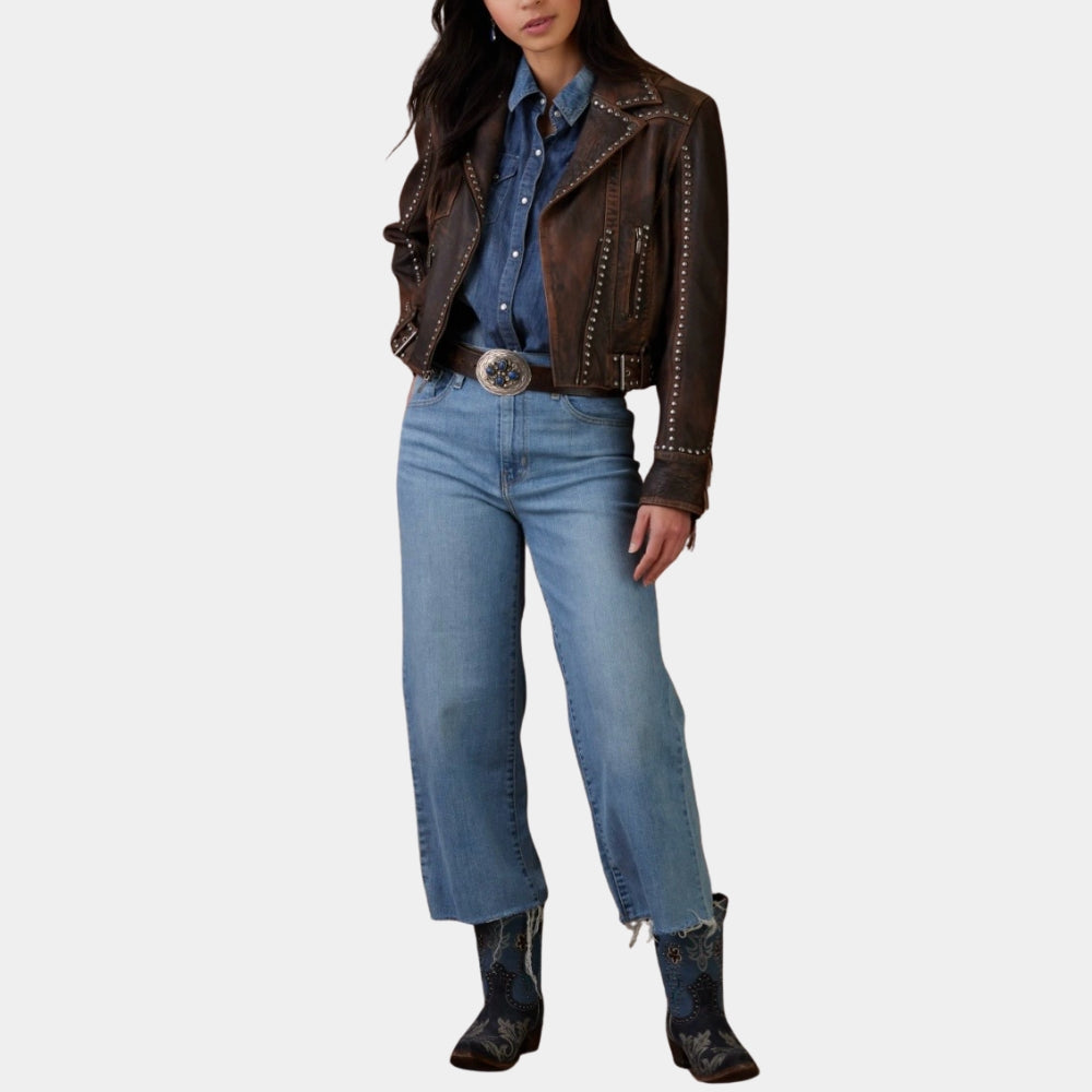 Bella Heathcote  Tulsa King S03 Brown Leather Studded Biker Jacket - Side View