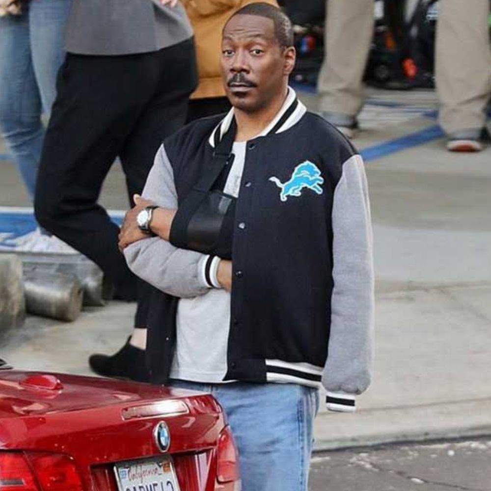 Beverly Hills Cop 4: Axel F Axel Foley aka Eddie Murphy Detroit Lions Two Tone Letterman Jacket - Character Front Logo View