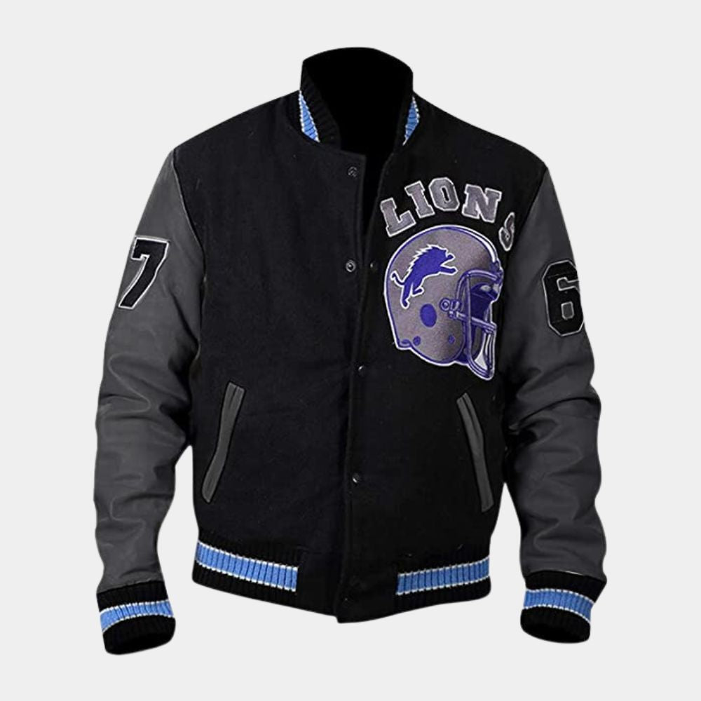  Beverly Hills Cop Edition Axel Foley Detroit Lions Iconic Vintage Letterman Jacket - Mannequin Front Posture View