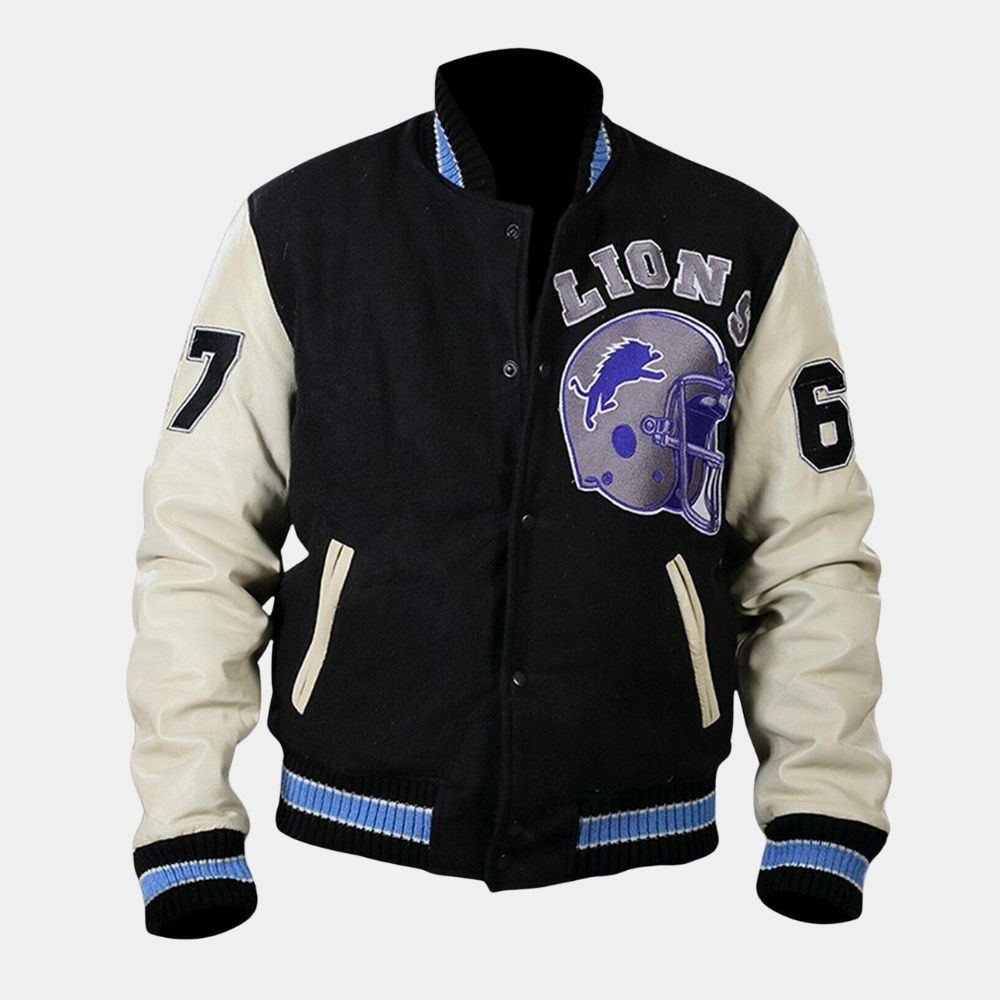  Beverly Hills Cop Edition Axel Foley Detroit Lions Iconic Vintage Letterman Jacket - Mannequin Front View