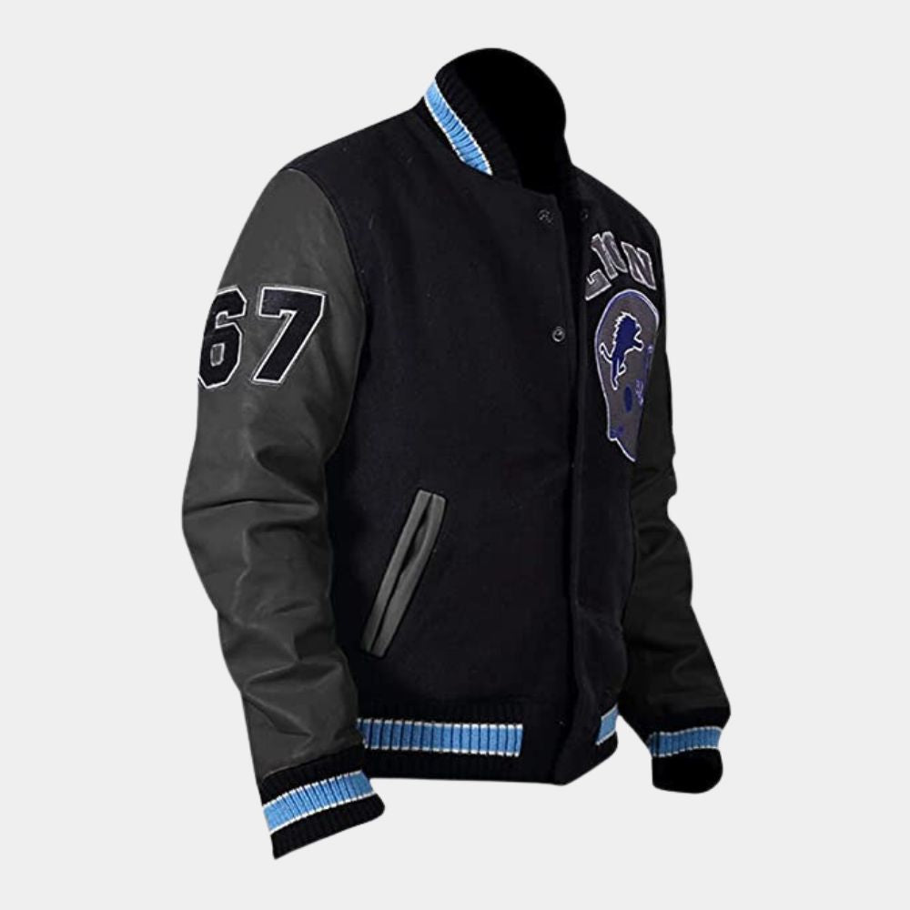  Beverly Hills Cop Edition Axel Foley Detroit Lions Iconic Vintage Letterman Jacket - Mannequin Side Posture View