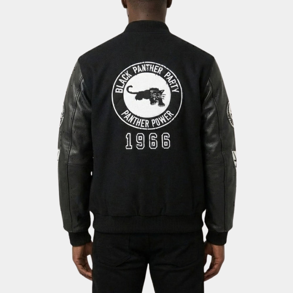 Black Panther Party 1966  Black Varsity Jacket with Real Leather Sleeves - Back View