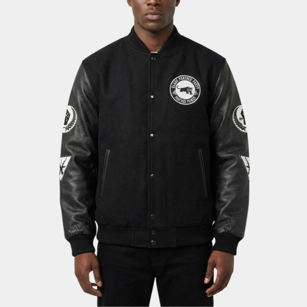 Black Panther Party 1966  Black Varsity Jacket with Real Leather Sleeves - Front View