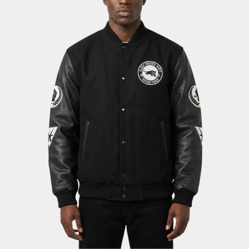 Black Panther Party 1966  Black Varsity Jacket with Real Leather Sleeves - Front View