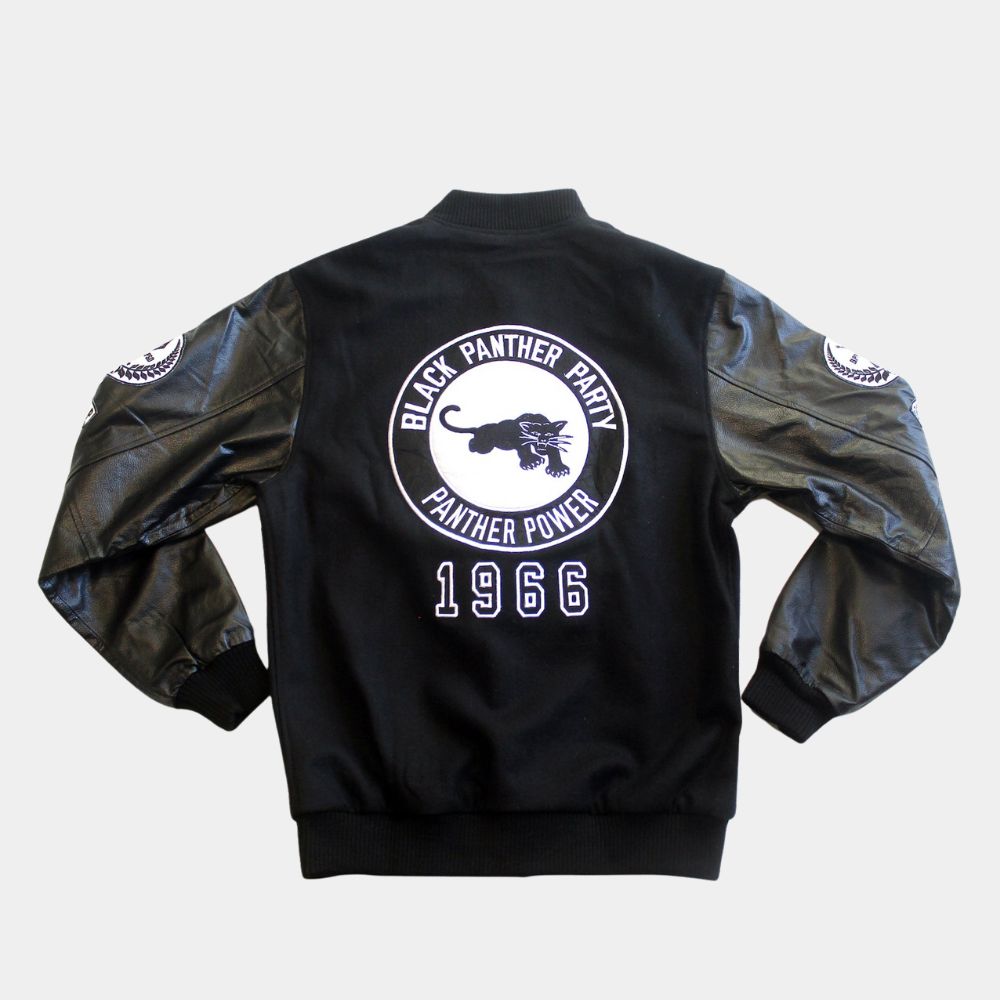 Black Panther Party 1966  Black Varsity Jacket with Real Leather Sleeves - Mannequin Back View 