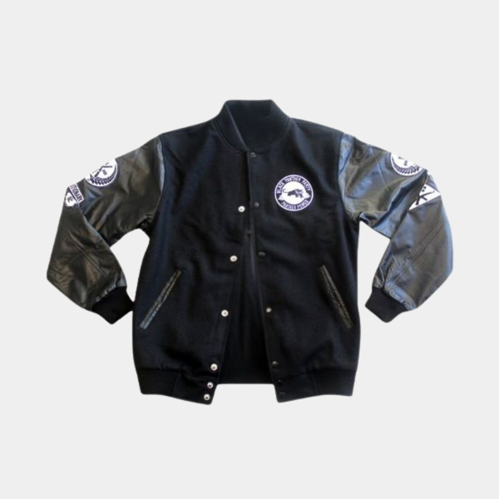 Black Panther Party 1966  Black Varsity Jacket with Real Leather Sleeves - Mannequin Front View 