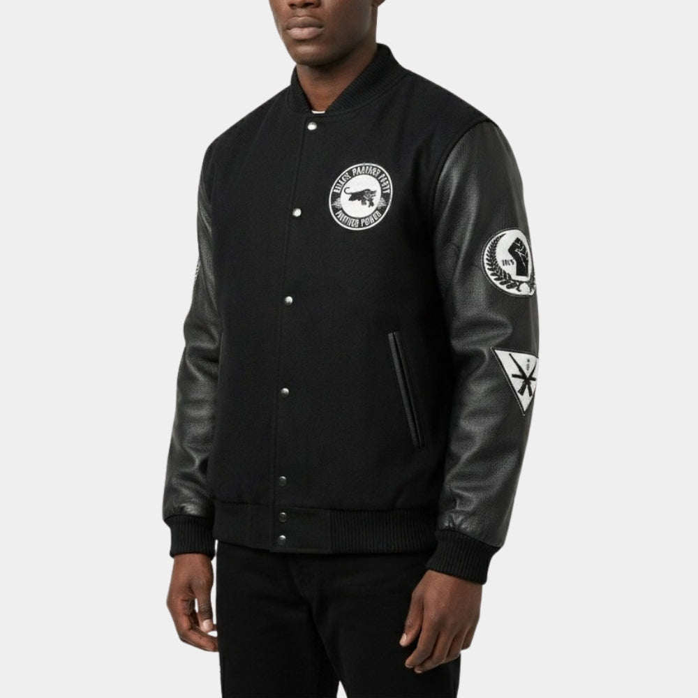 Black Panther Party 1966  Black Varsity Jacket with Real Leather Sleeves - Side View