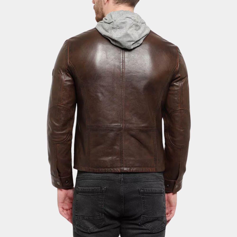 Bogato Men's Brown Leather Jacket with Hood - Back View