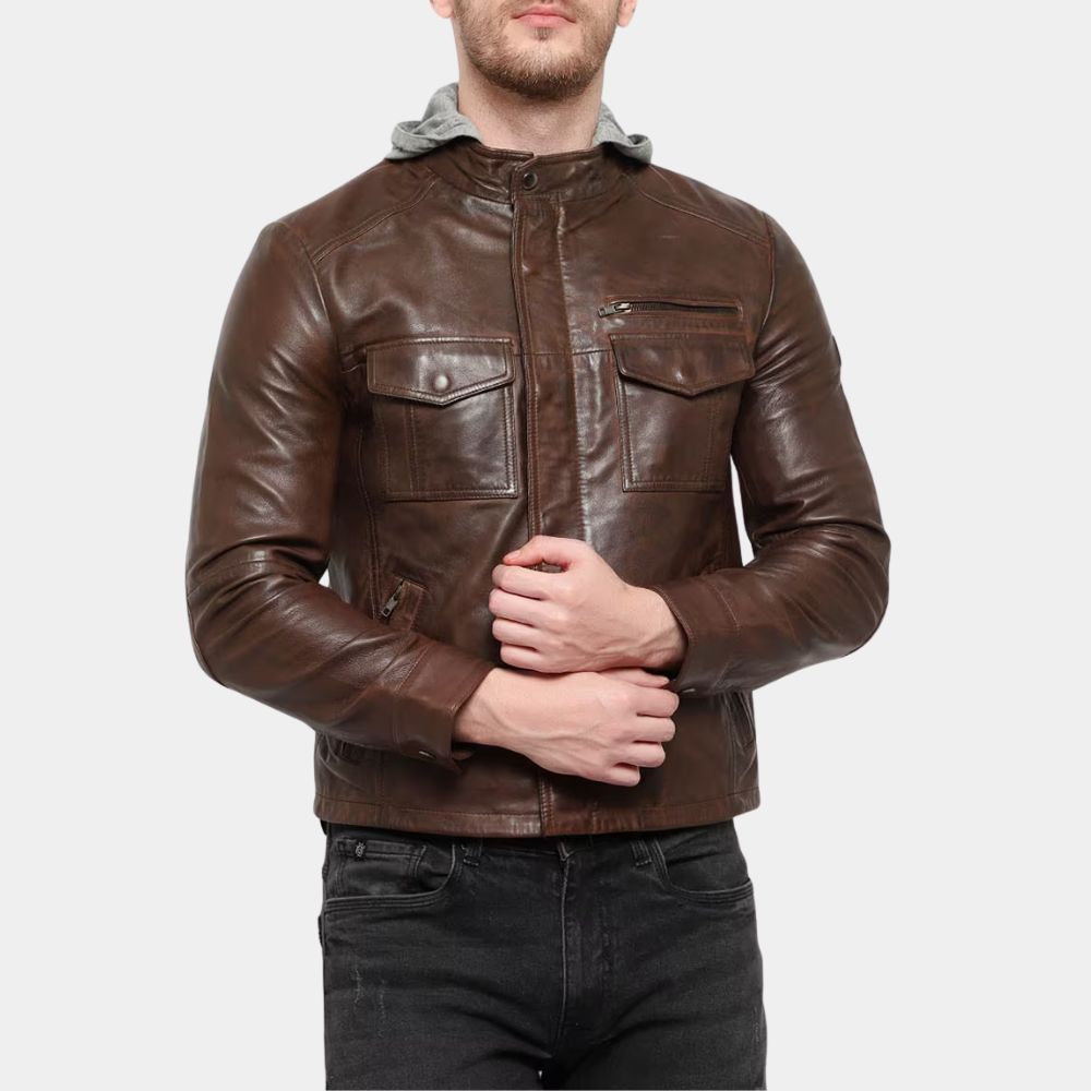 Bogato Men's Brown Leather Jacket with Hood - Front Close - Up View