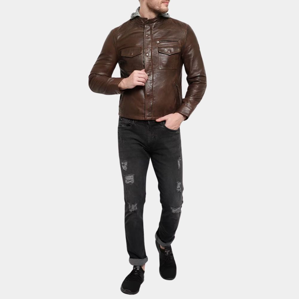 Bogato Men's Brown Leather Jacket with Hood - Front Posture View