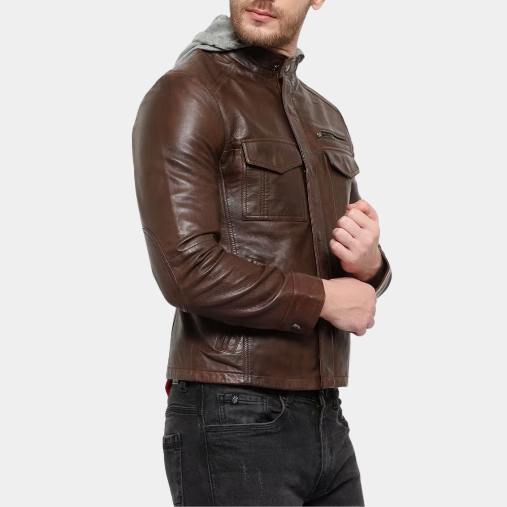 Bogato Men's Brown Leather Jacket with Hood - Side Posture View