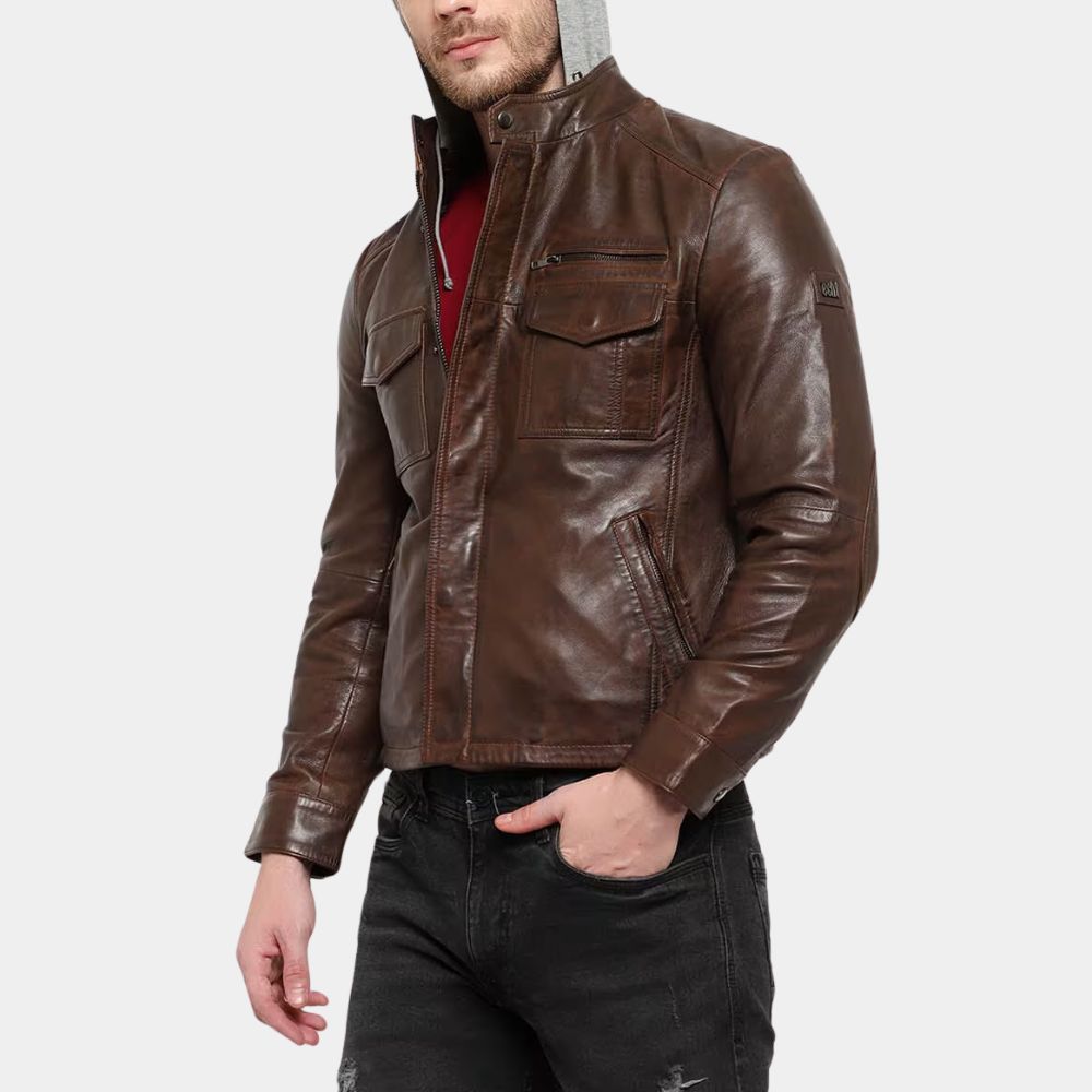 Bogato Men's Brown Leather Jacket with Hood - Side View