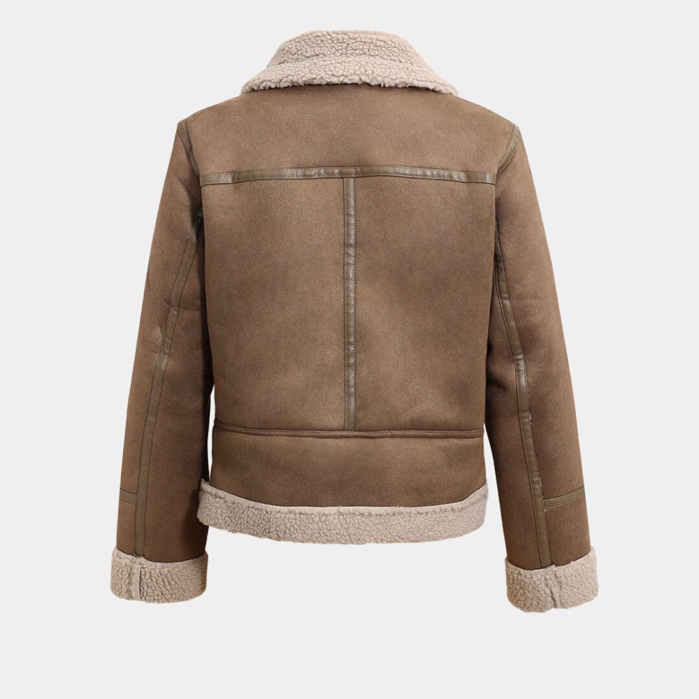 Bomber Jacket Faux Shearling Sand Brown Leather Jacket - Mannequin Back View