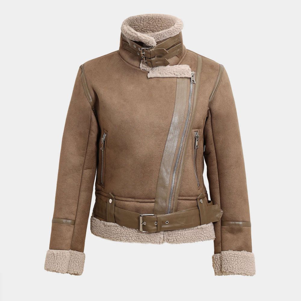 Bomber Jacket Faux Shearling Sand Brown Leather Jacket - Mannequin Front Close - Up View