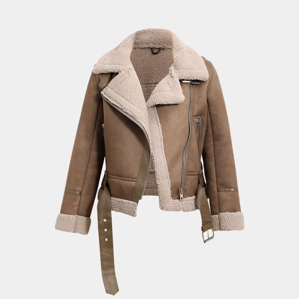 Bomber Jacket Faux Shearling Sand Brown Leather Jacket - Mannequin Front View