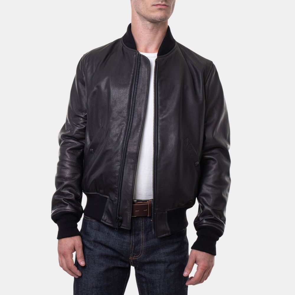 Bookie Sebastian Maniscalco Black Leather Bomber Jacket - Front Close - Up View