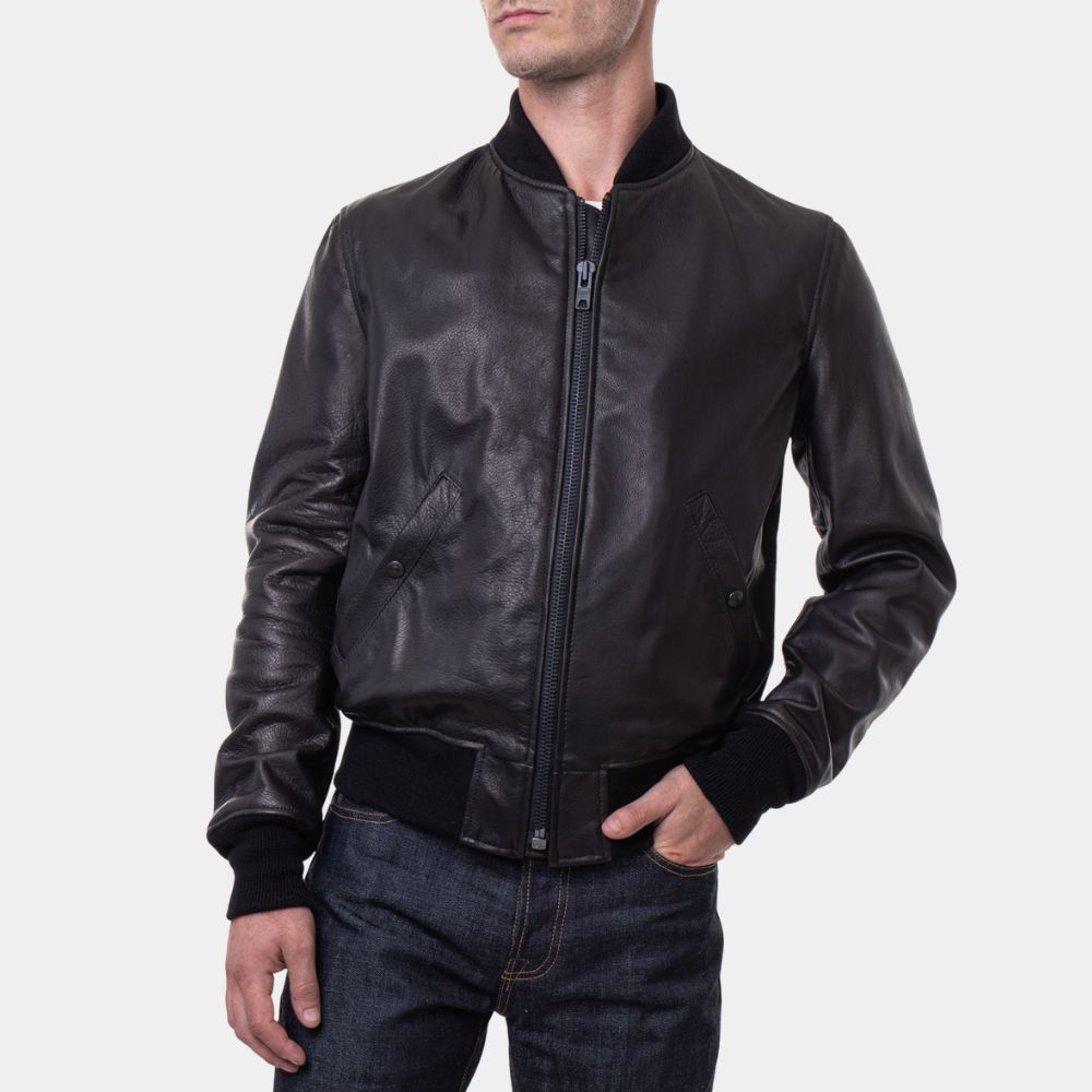 Bookie Sebastian Maniscalco Black Leather Bomber Jacket - Front View