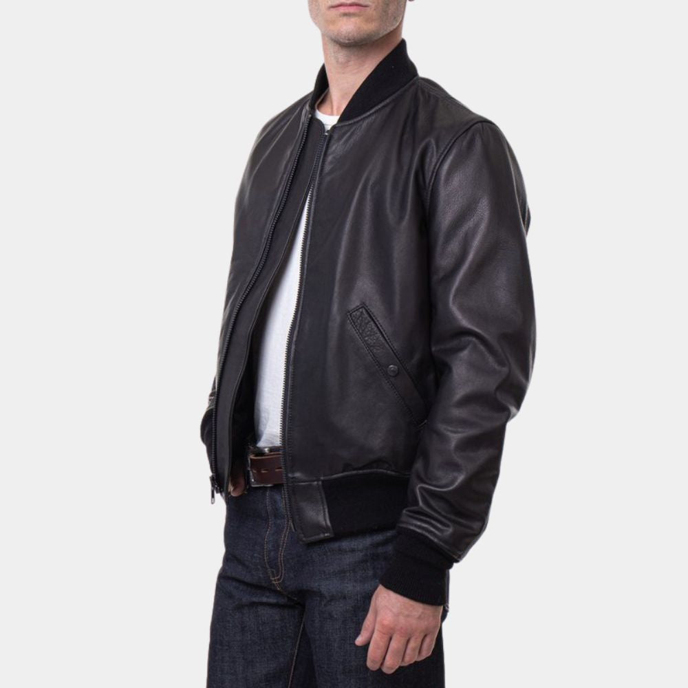 Bookie Sebastian Maniscalco Black Leather Bomber Jacket - Side View