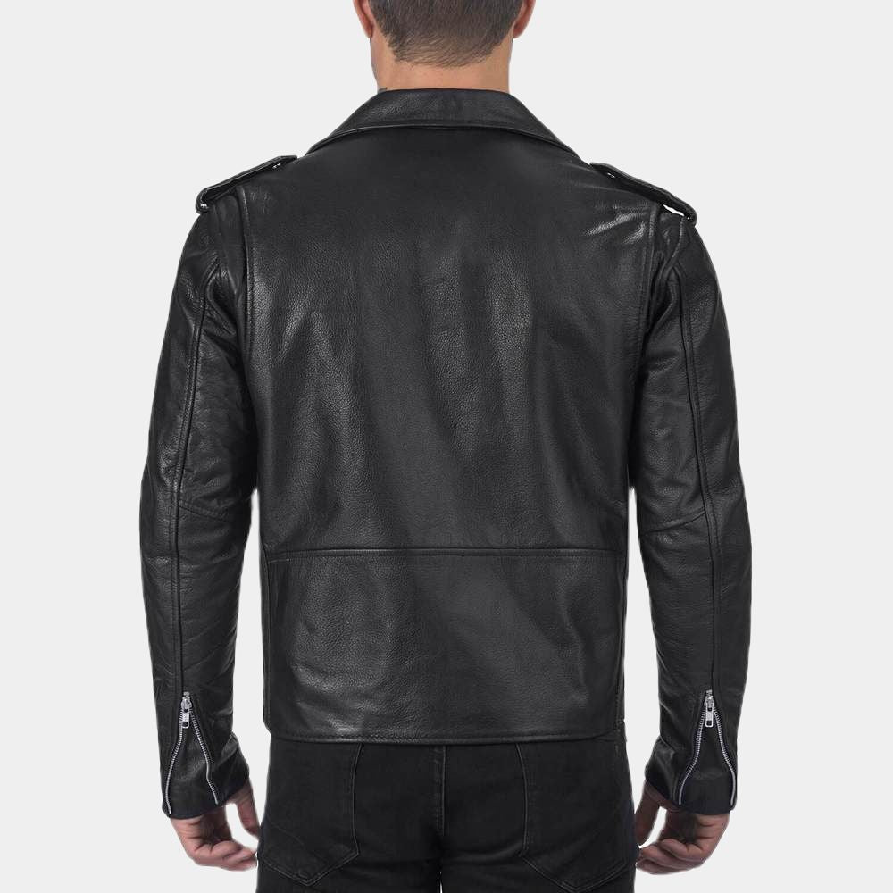 Brando Asymmetrical Black Biker Leather Jacket - Back Posture View