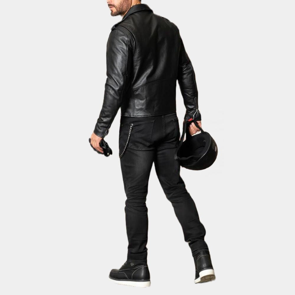 Brando Asymmetrical Black Biker Leather Jacket - Back View