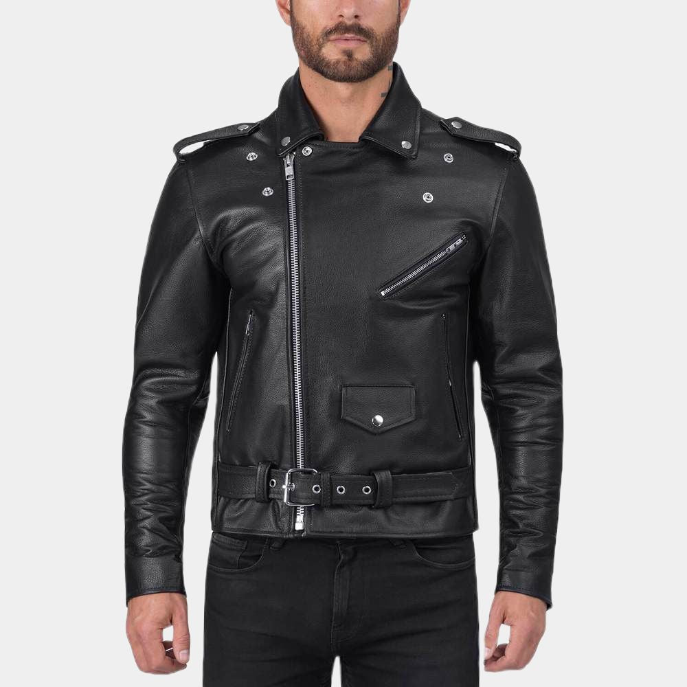 Brando Asymmetrical Black Biker Leather Jacket - Front Posture View