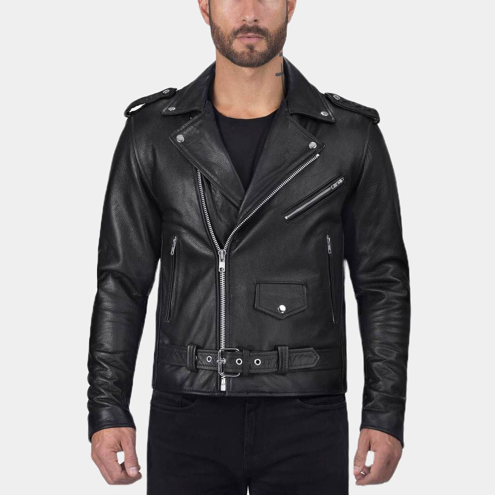 Brando Asymmetrical Black Biker Leather Jacket - Front View