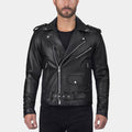 Brando Asymmetrical Black Biker Leather Jacket - Front View