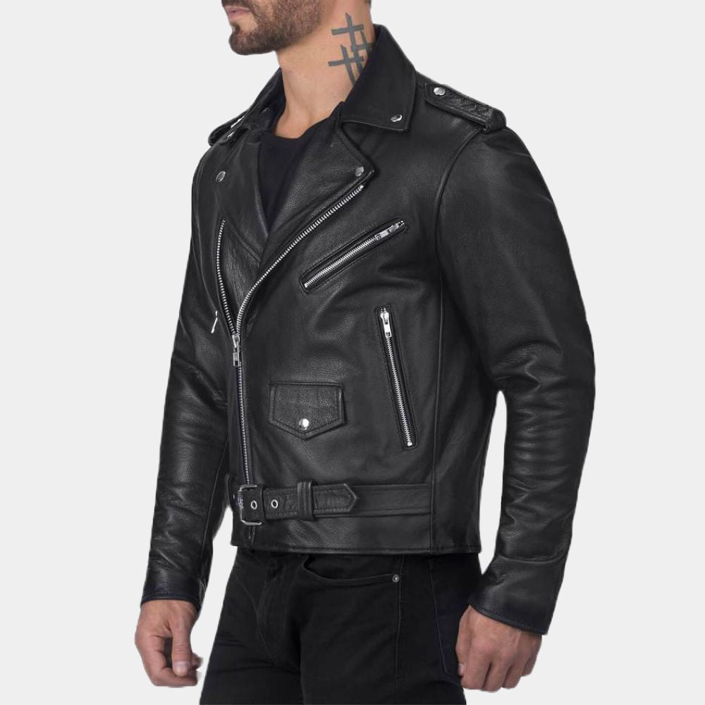 Brando Asymmetrical Black Biker Leather Jacket - Side Posture View