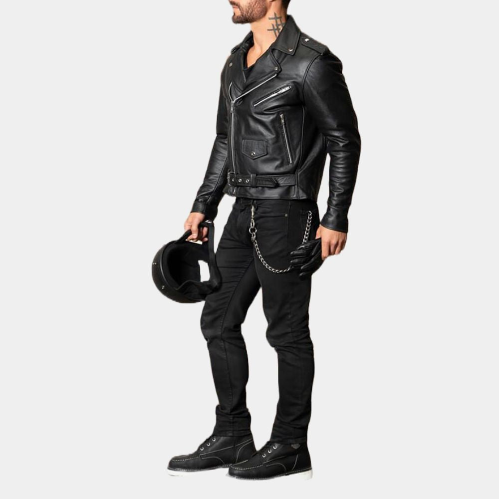 Brando Asymmetrical Black Biker Leather Jacket - Side View