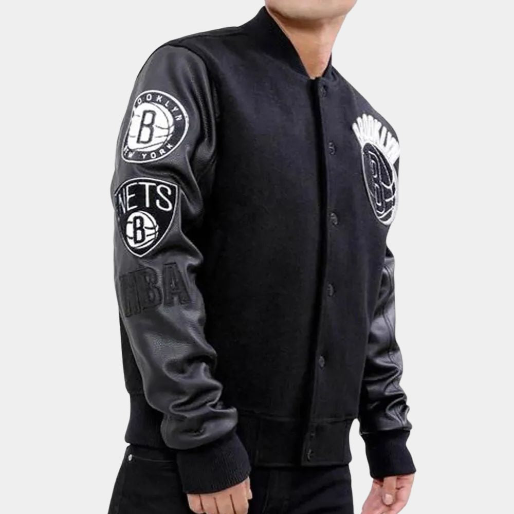 Brooklyn Nets  Basketball Black Varsity Jacket with Leather Sleeves - Side Logo View