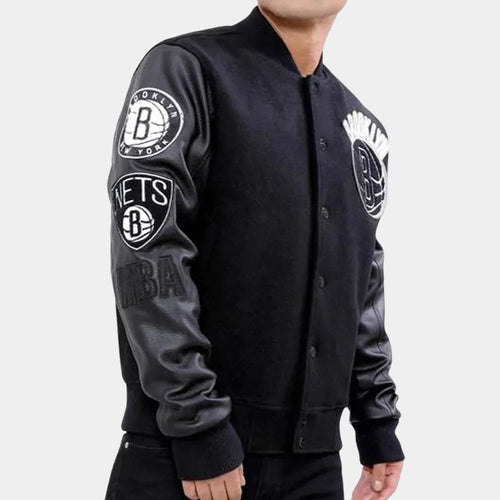 Brooklyn Nets  Basketball Black Varsity Jacket with Leather Sleeves - Side Logo View