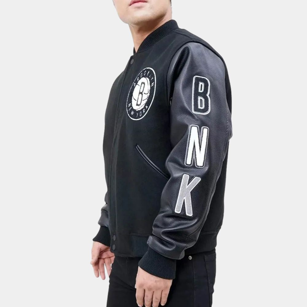 Brooklyn Nets  Basketball Black Varsity Jacket with Leather Sleeves - Side View
