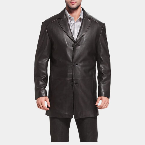 Brosnan Black Leather Car Coat - Front View