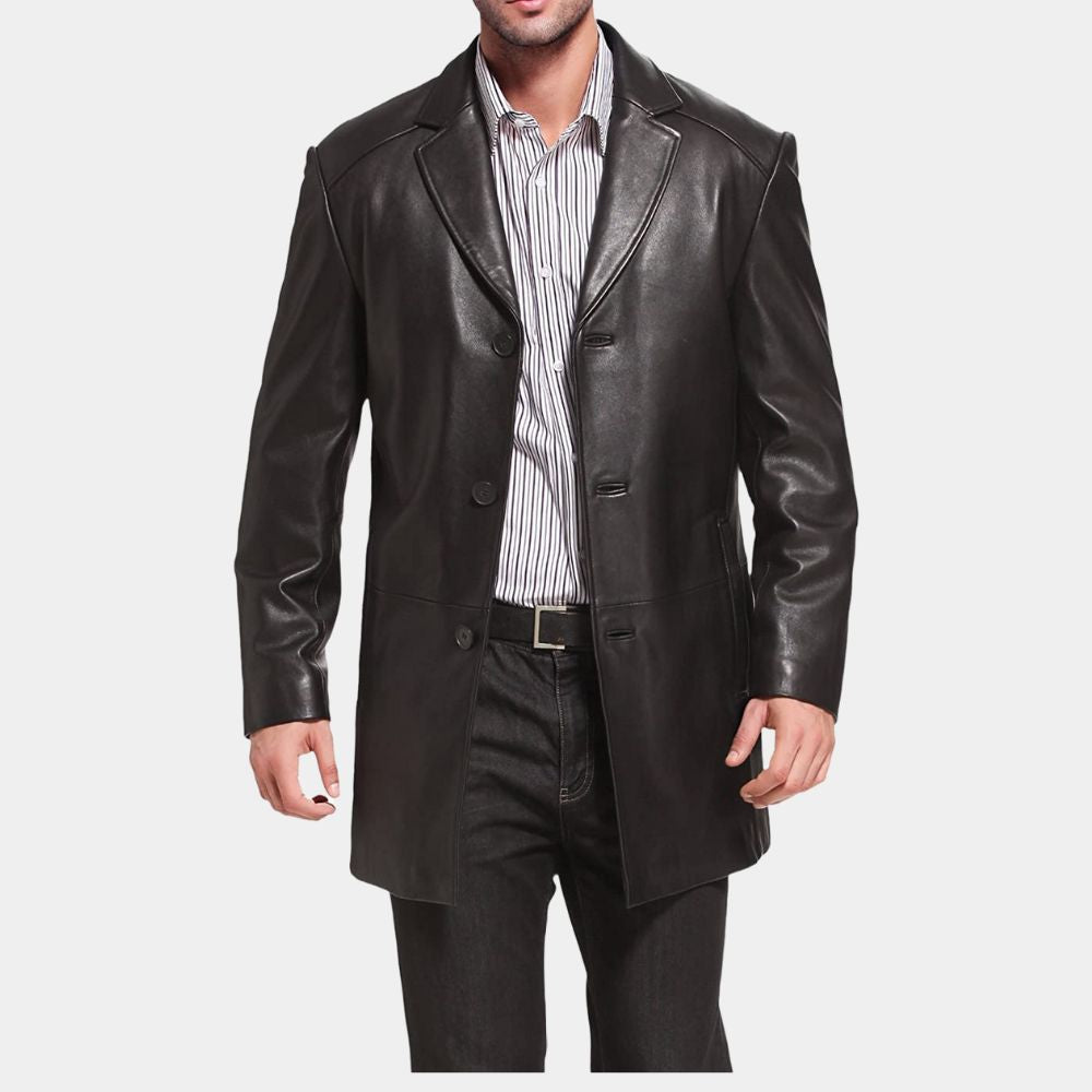 Brosnan Black Leather Car Coat - Posture Front View