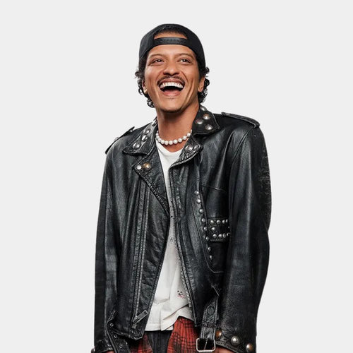 Bruno Mars  APT Black Leather Studded Biker Jacket - Front Posture View