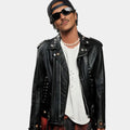 Bruno Mars  APT Black Leather Studded Biker Jacket - Front View