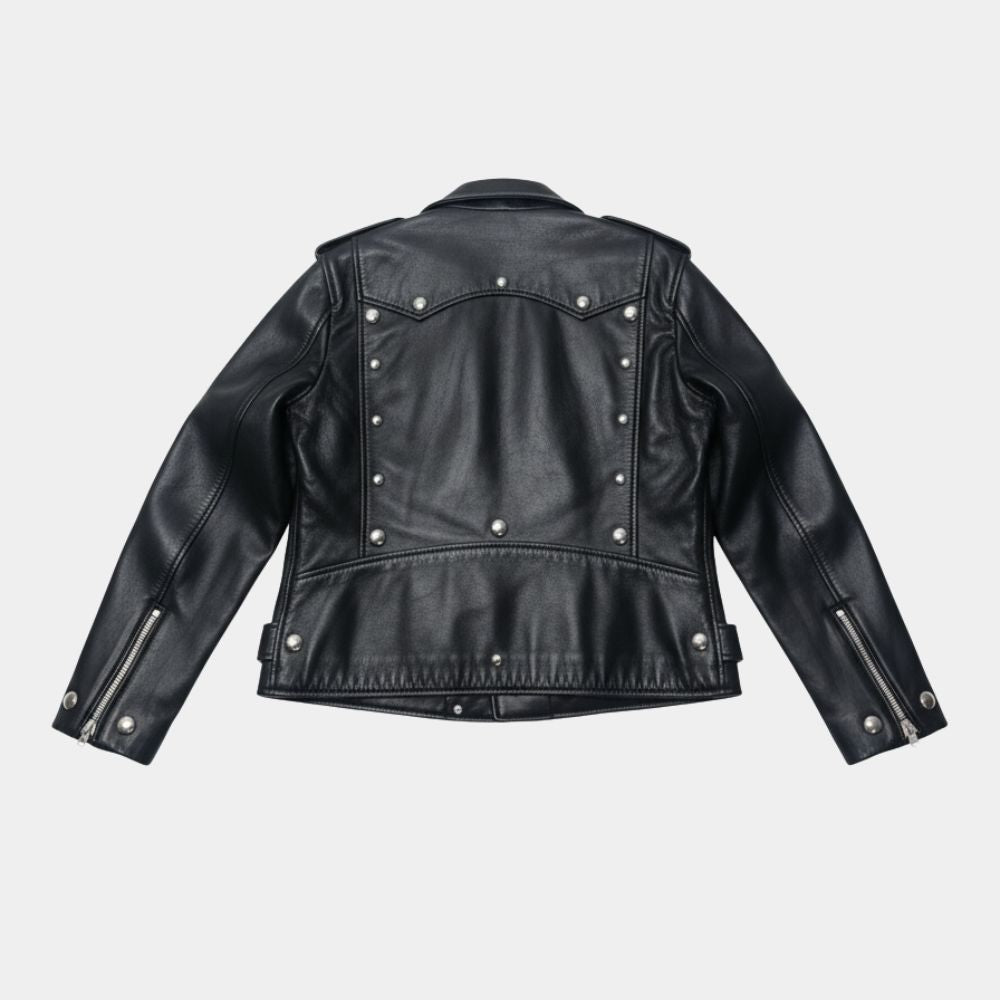 Bruno Mars  APT Black Leather Studded Biker Jacket - Mannequin Back View