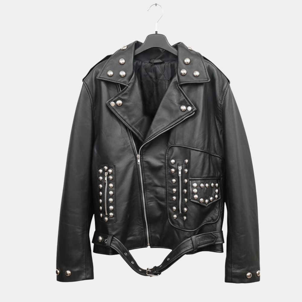 Bruno Mars  APT Black Leather Studded Biker Jacket - Mannequin Front View