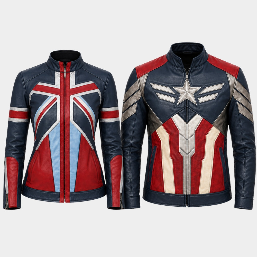 A Captain America themed leather jacket shown from the front and back. The jacket features navy blue, red, and white panels with a Union Jack design on the front and a star emblem on the back.
