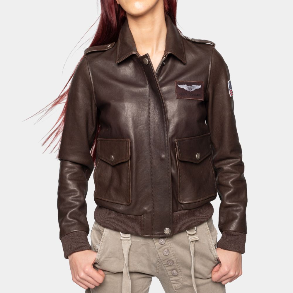 Captain Marvel  Brie Larson aka Carol Danvers Bomber Tan Leather Jacket - Front View