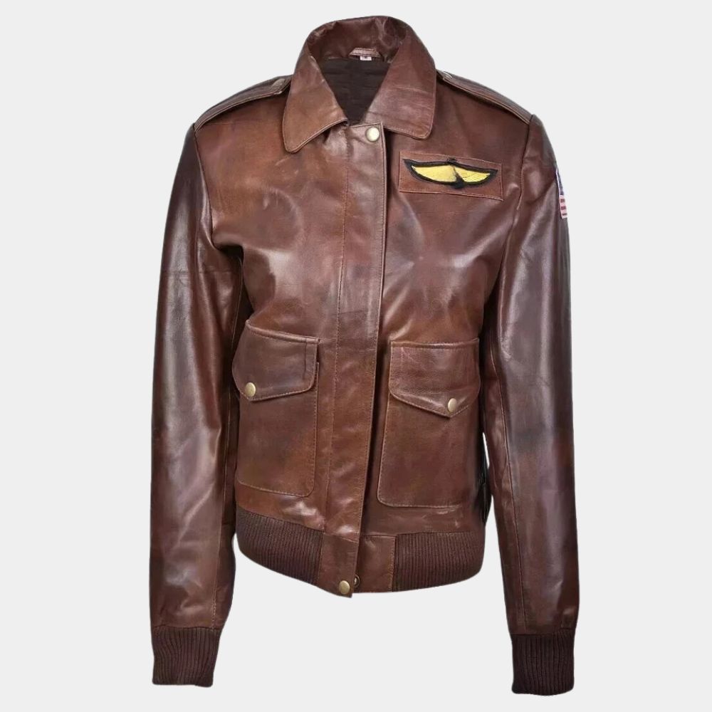 Captain Marvel  Brie Larson aka Carol Danvers Bomber Tan Leather Jacket - Mannequin Front View